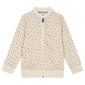 Boys Beige Logo Zip Up Top
