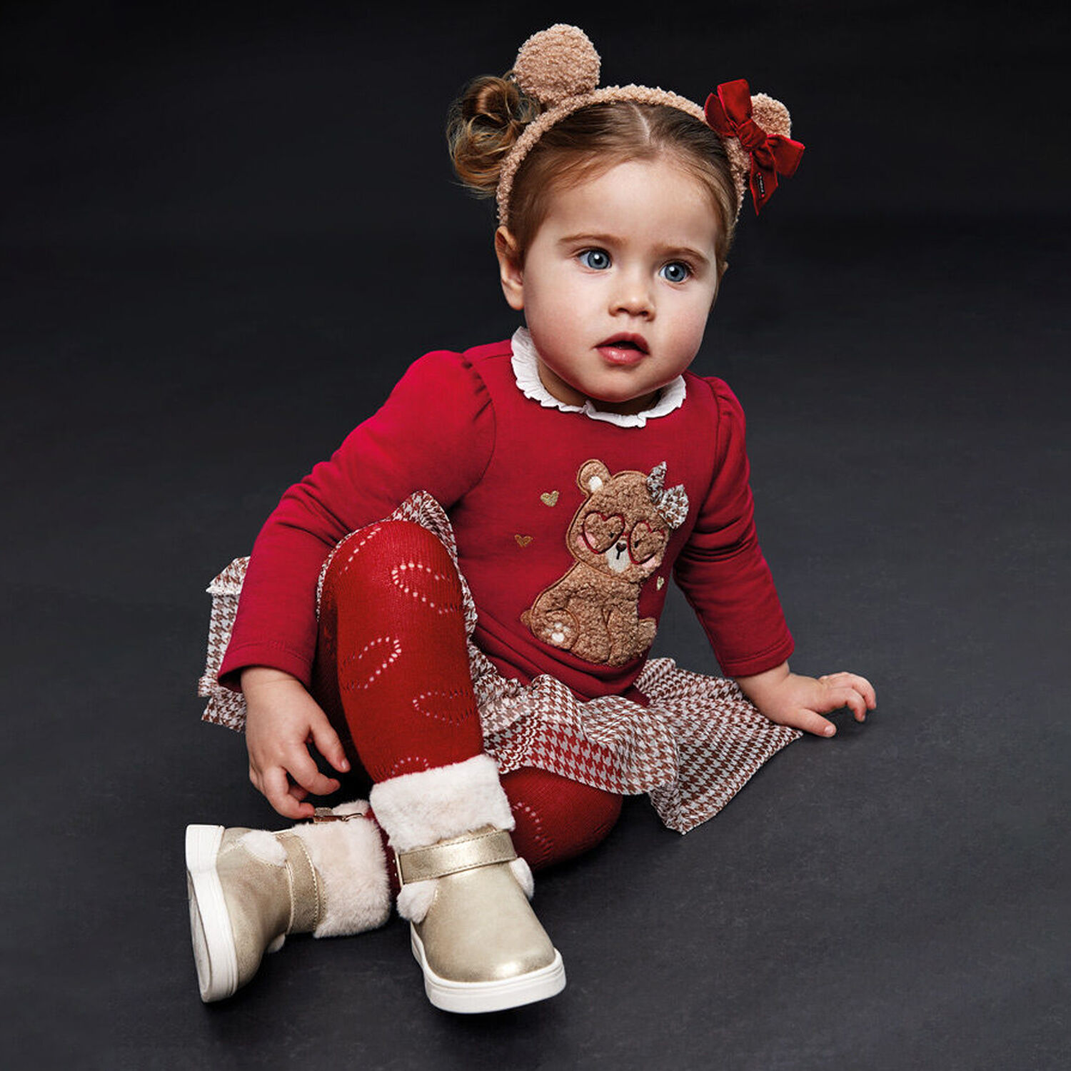Younger Girls Red Teddy Bear Dress, 1, hi-res image number null