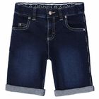 Boys Blue Denim Logo Shorts, 1, hi-res