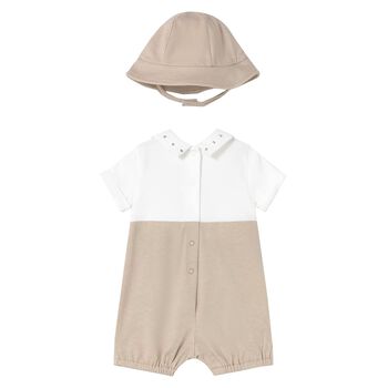 Baby Boys Beige & White Dungaree & Hat Set