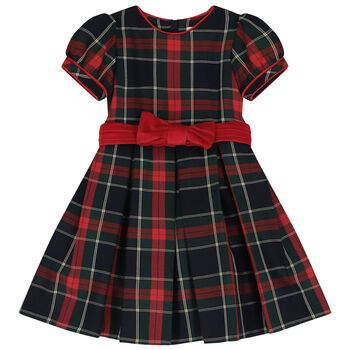 Girls Navy Blue & Red Tartan Dress
