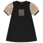 Girls Black & Gold Logo Dress, 1, hi-res