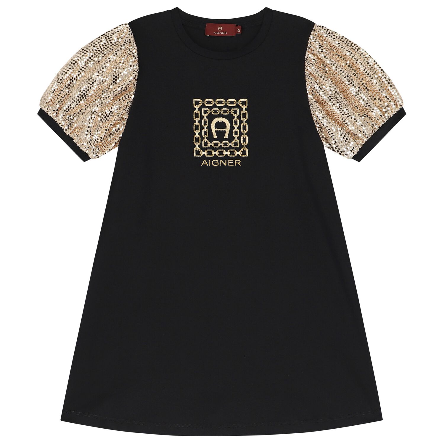 Girls Black & Gold Logo Dress, 1, hi-res