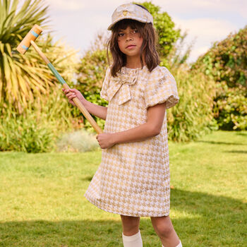 Girls White & Gold Houndstooth Dress