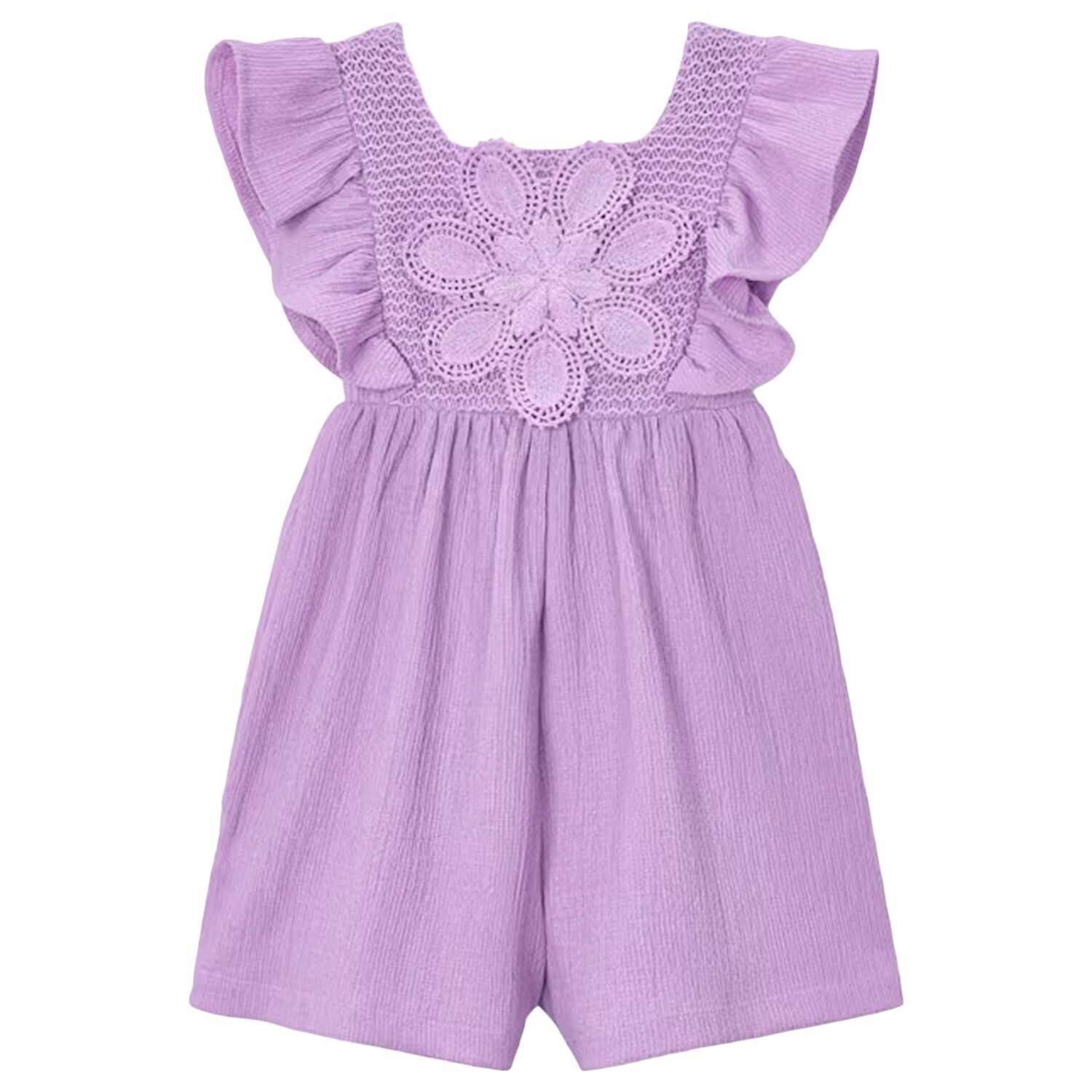Girls Purple Crochet Flower Playsuit, 1, hi-res