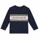 Girls Navy Logo Long Sleeve Top, 2, hi-res