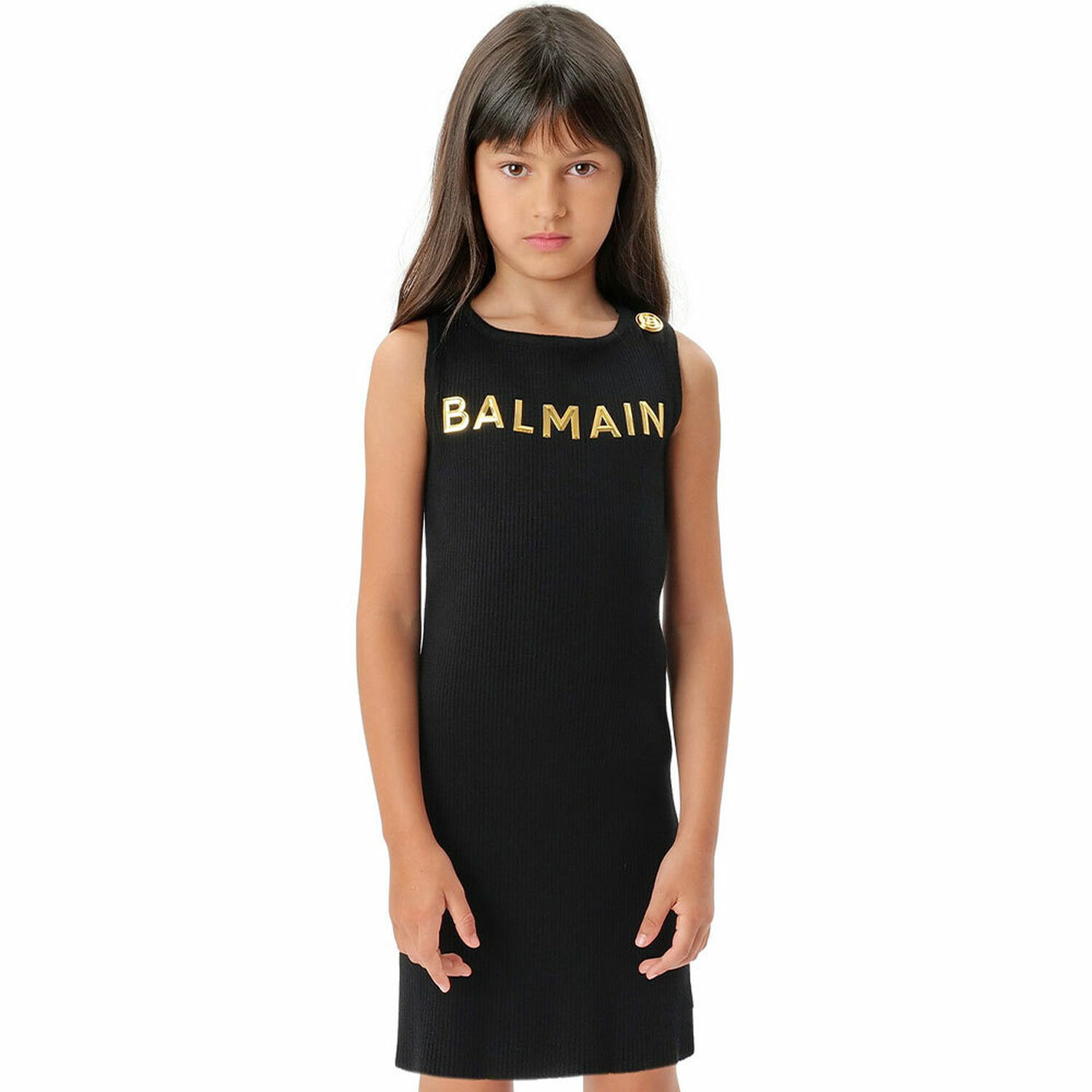 Girls Black & Gold Logo Dress, 1, hi-res