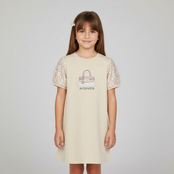 Girls Beige Bag Logo Dress