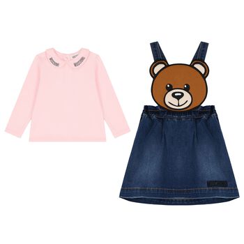 Younger Girls Pink & Blue Denim Teddy Bear Skirt Set