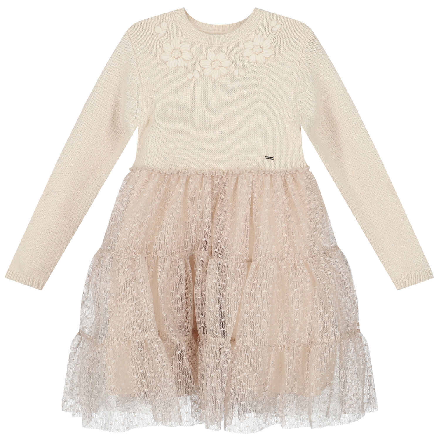 Girls Ivory Knitted Tulle Dress, 2, hi-res image number null