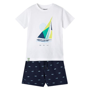 Boys White & Navy Boat Shorts Set