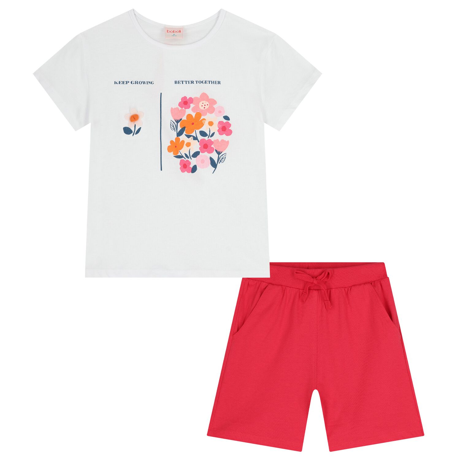 Girls White & Red Floral Shorts Set, 1, hi-res