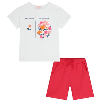 Girls White & Red Floral Shorts Set
