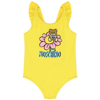 Younger Girls Yellow Teddy Bear Logo Swimsuit