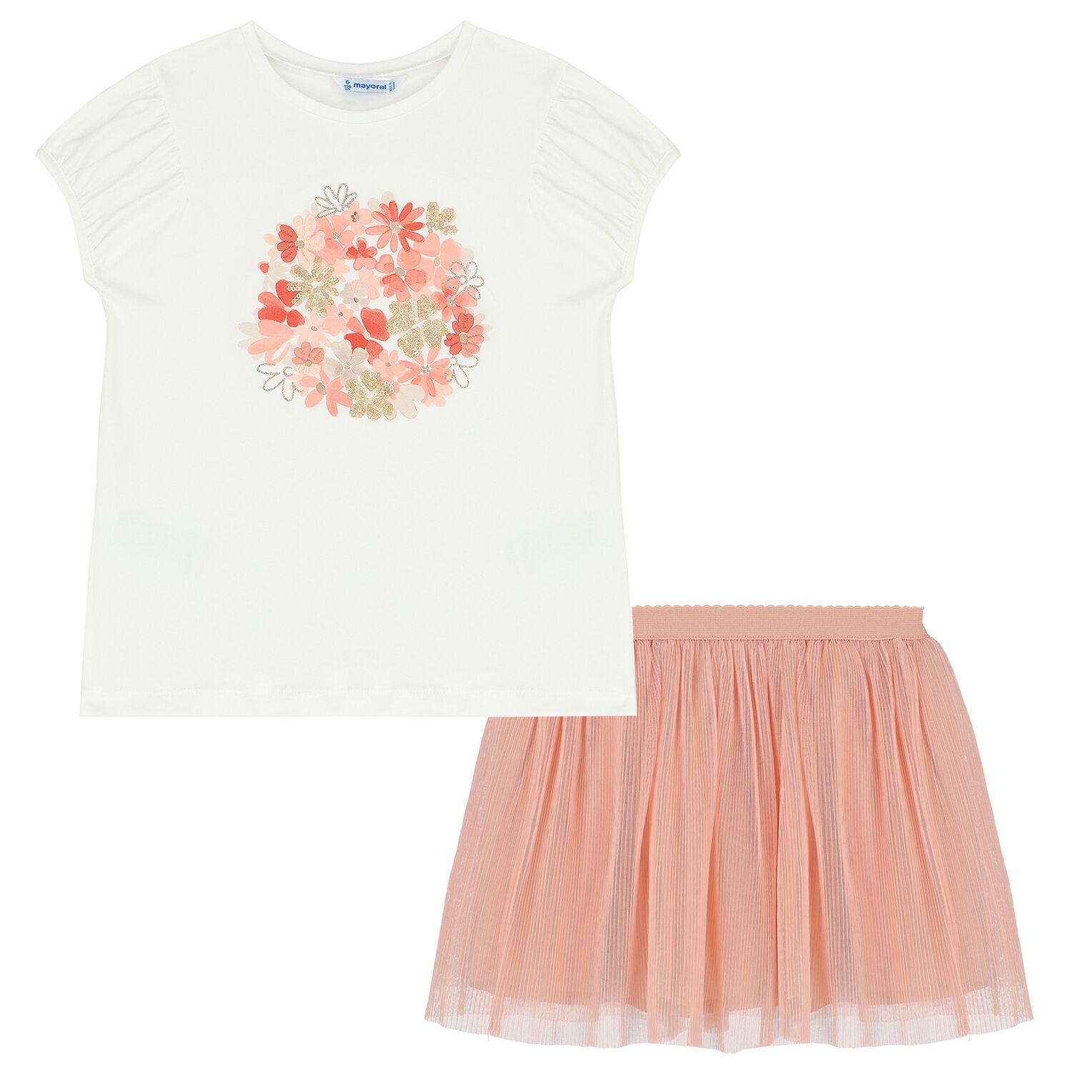 Girls White & Pink Tulle Skirt Set, 1, hi-res