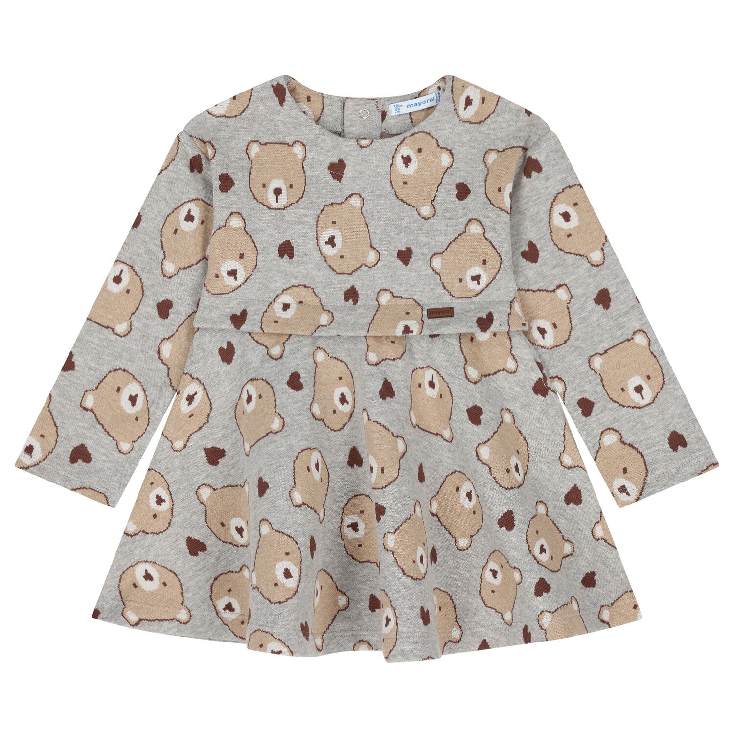 Younger Girls Grey & Beige Teddy Bear Dress, 1, hi-res