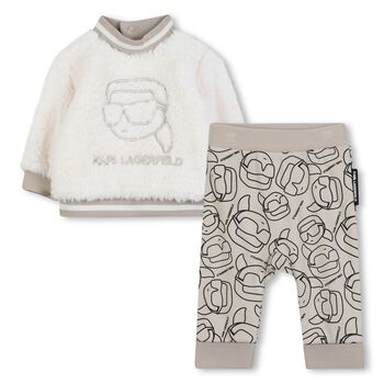 Younger Boys Ivory & Beige Ikonik Karl Tracksuit 