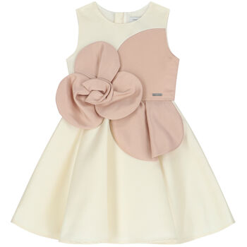 Girls Ivory & Pink Flower Satin Dress