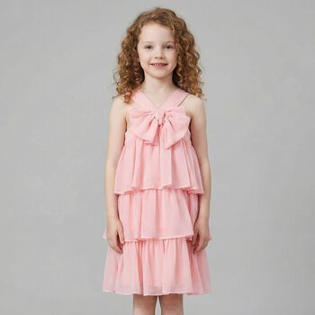Girls Pink Bow Tiered Dress