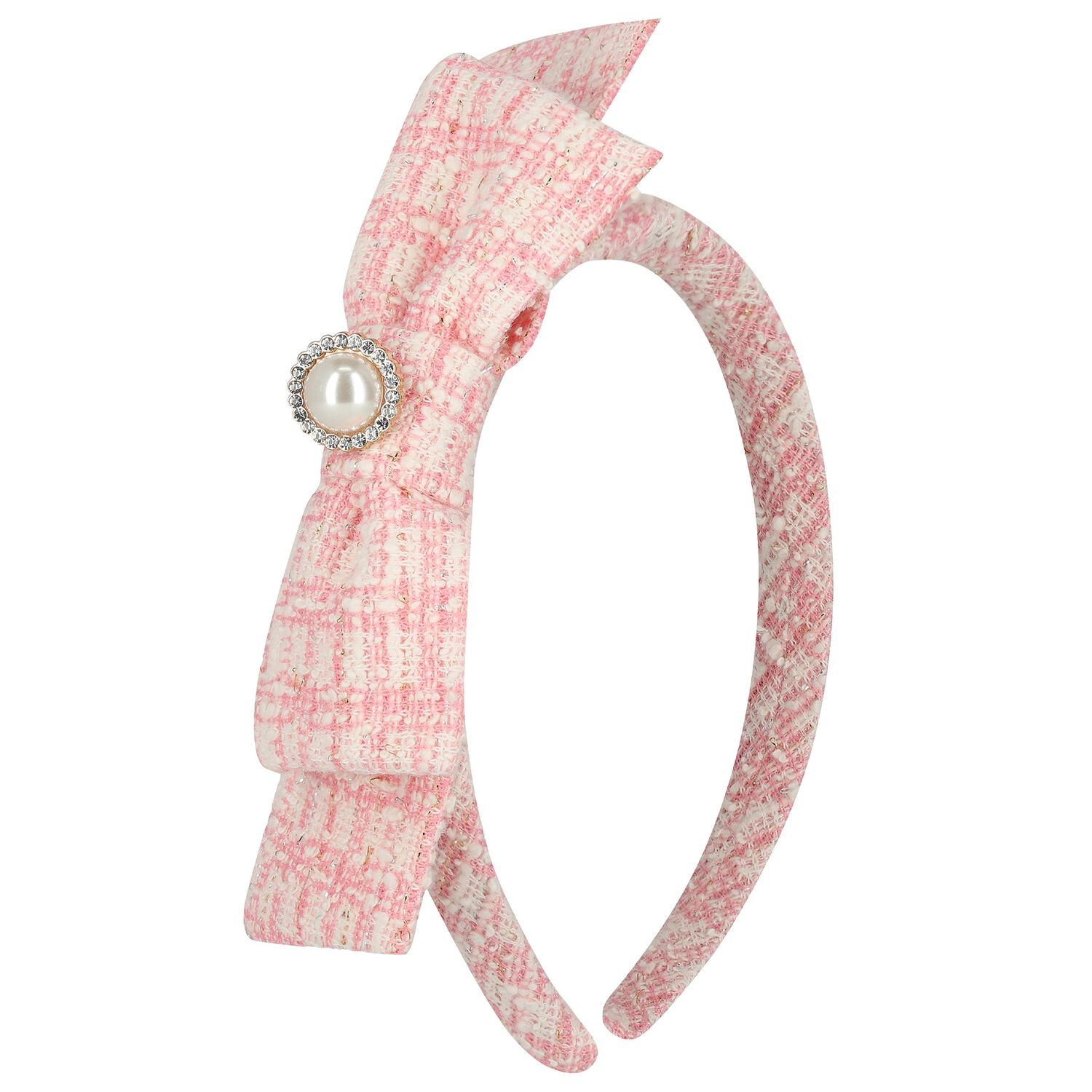 Girls Pink Tweed Bow Headband, 1, hi-res