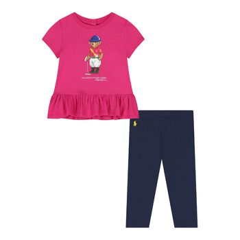 Baby Girls Pink & Navy Blue Polo Bear Leggings Set