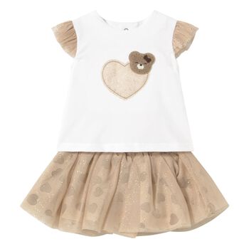 Baby White & Beige Tulle Skirt Set