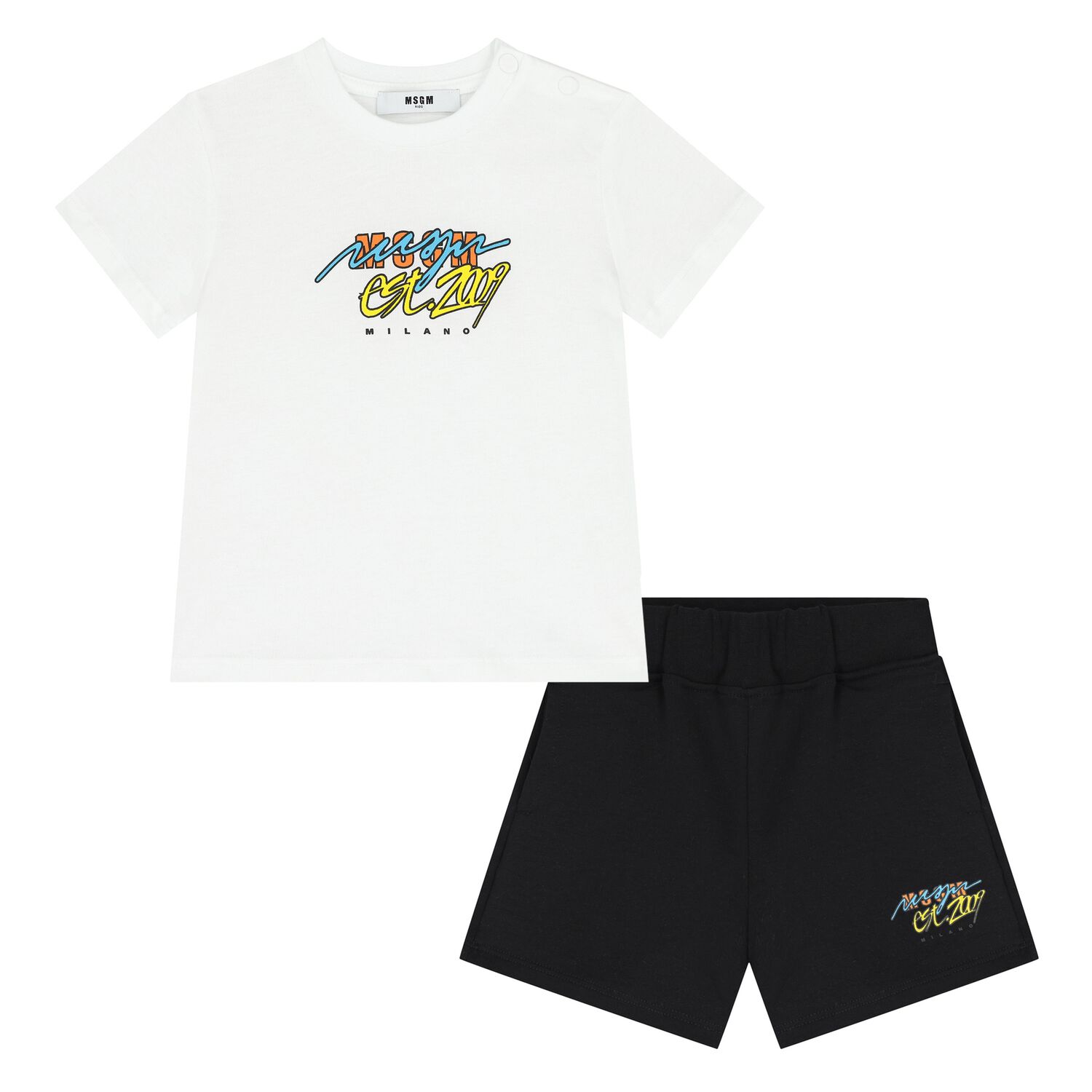 Younger Boys White & Black Logo Shorts Set, 1, hi-res
