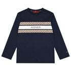 Boys Navy Blue Logo Long Sleeve Top, 1, hi-res