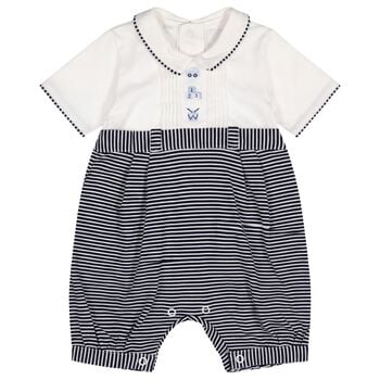 Baby Boys White & Navy Blue Striped Romper