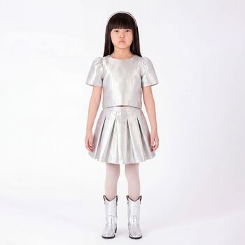 Girls Metallic Silver Bow Skirt Set