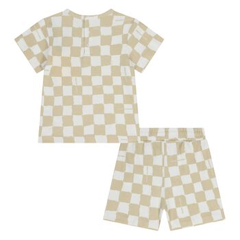 Younger Beige & White Check Shorts Set