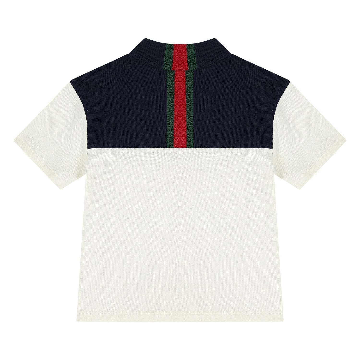 Younger Boys Ivory & Navy Blue Web Striped Polo Shirt, 1, hi-res
