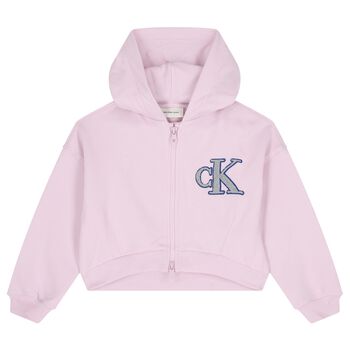 Girls Pink Logo Hooded Zip Up Top