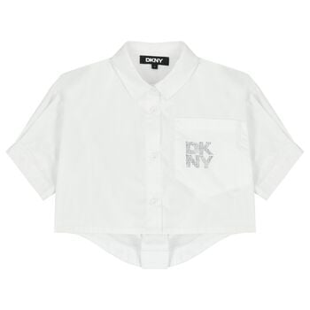 قميص بنات بشعار مزخرف بالماس باللون الابيض 