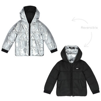 Girls Silver & Black Logo Reversible Puffer Jacket