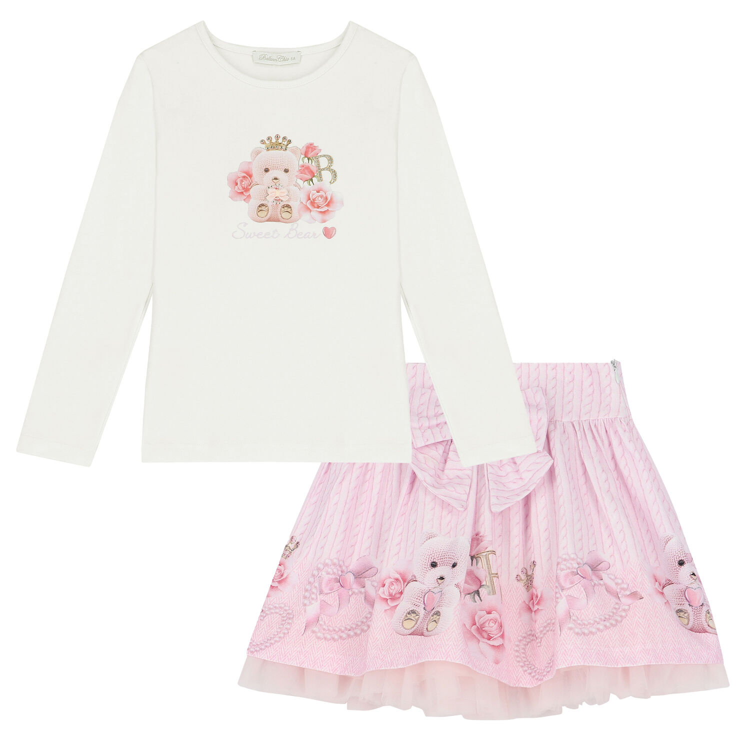 Girls Ivory & Pink Teddy Skirt Set, 1, hi-res image number null