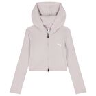 Girls Pink Ribbed Logo Hooded Zip Up Top, 1, hi-res