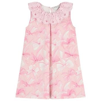 Girls Pink Bow Broderie Anglaise Dress