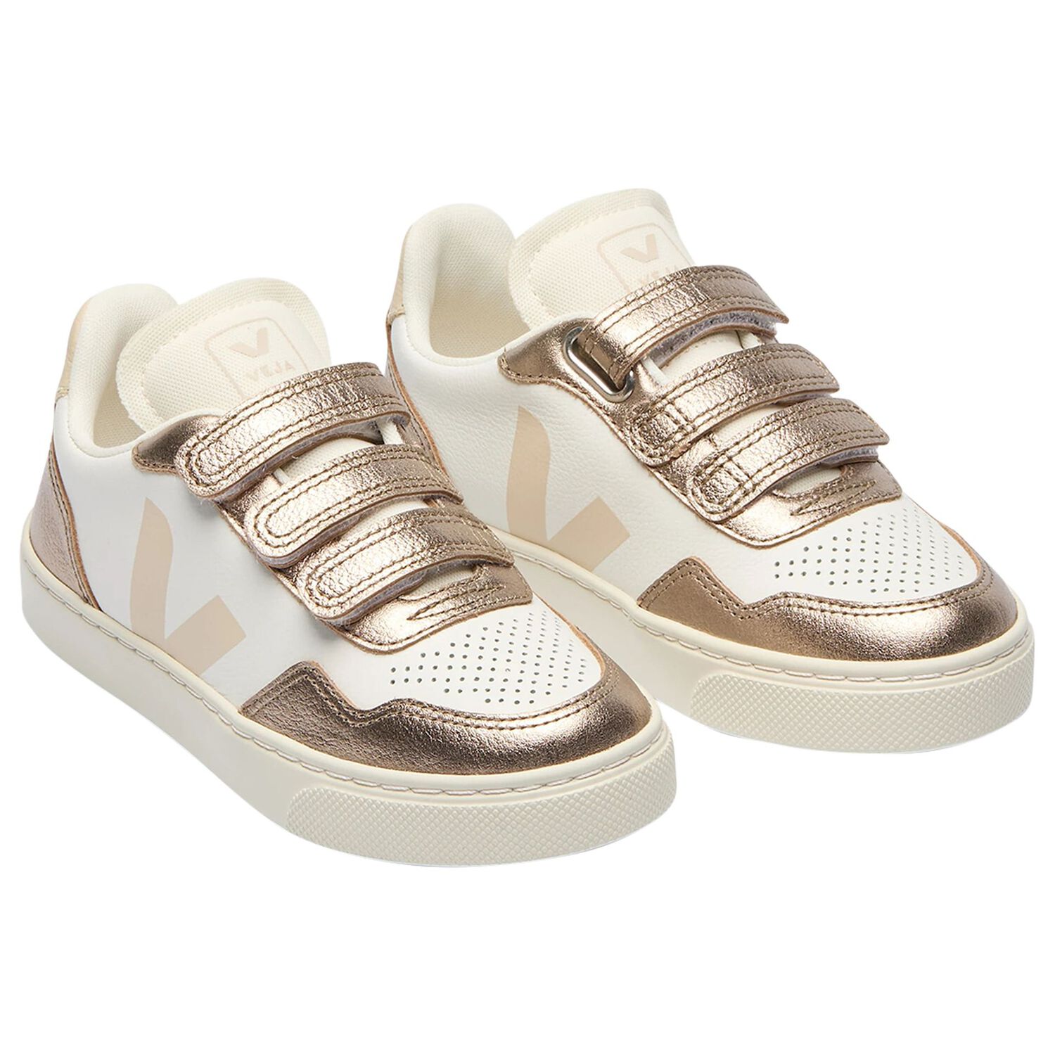 Girls White & Gold Leather Trainers , 1, hi-res