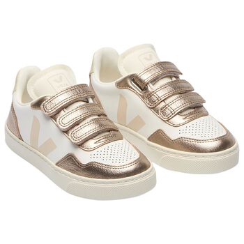 Girls White & Gold Leather Trainers 