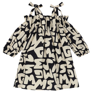 Girls Ivory & Black Logo Dress