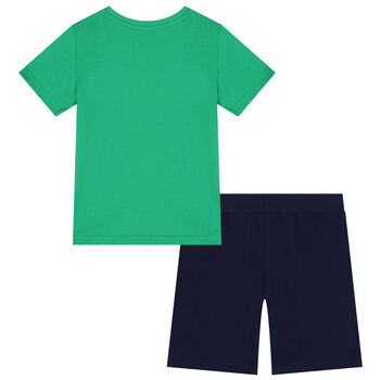 Boys Green & Navy Blue Dogs Shorts Set