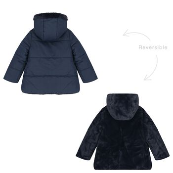 Girls Navy Blue Reversible Faux Fur Jacket, 1 Girls Navy Blue Reversible Faux Fur Jacket