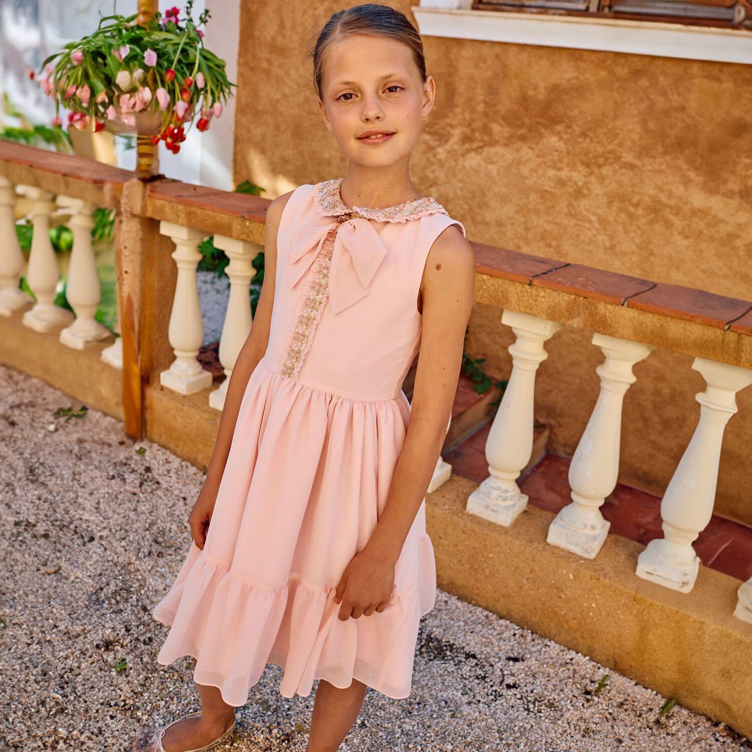 Girls Pink Chiffon Bow Dress, 1, hi-res