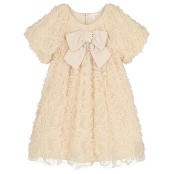 فستان بنات من التول مزين بفيونكه وكشكشه باللون الذهبي