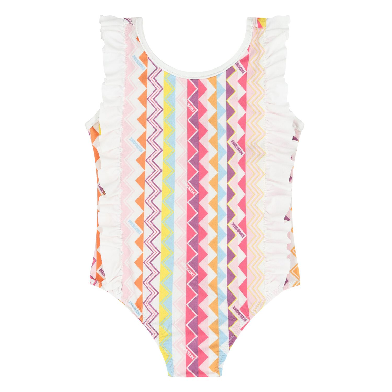 Younger Girls White & Pink Zig Zag Swimsuit, 1, hi-res