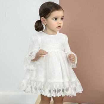 Younger Girls Ivory Embroidered Tulle Dress