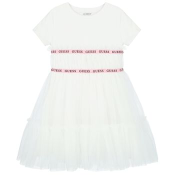 فستان بنات تول بالشعار باللون الأبيض