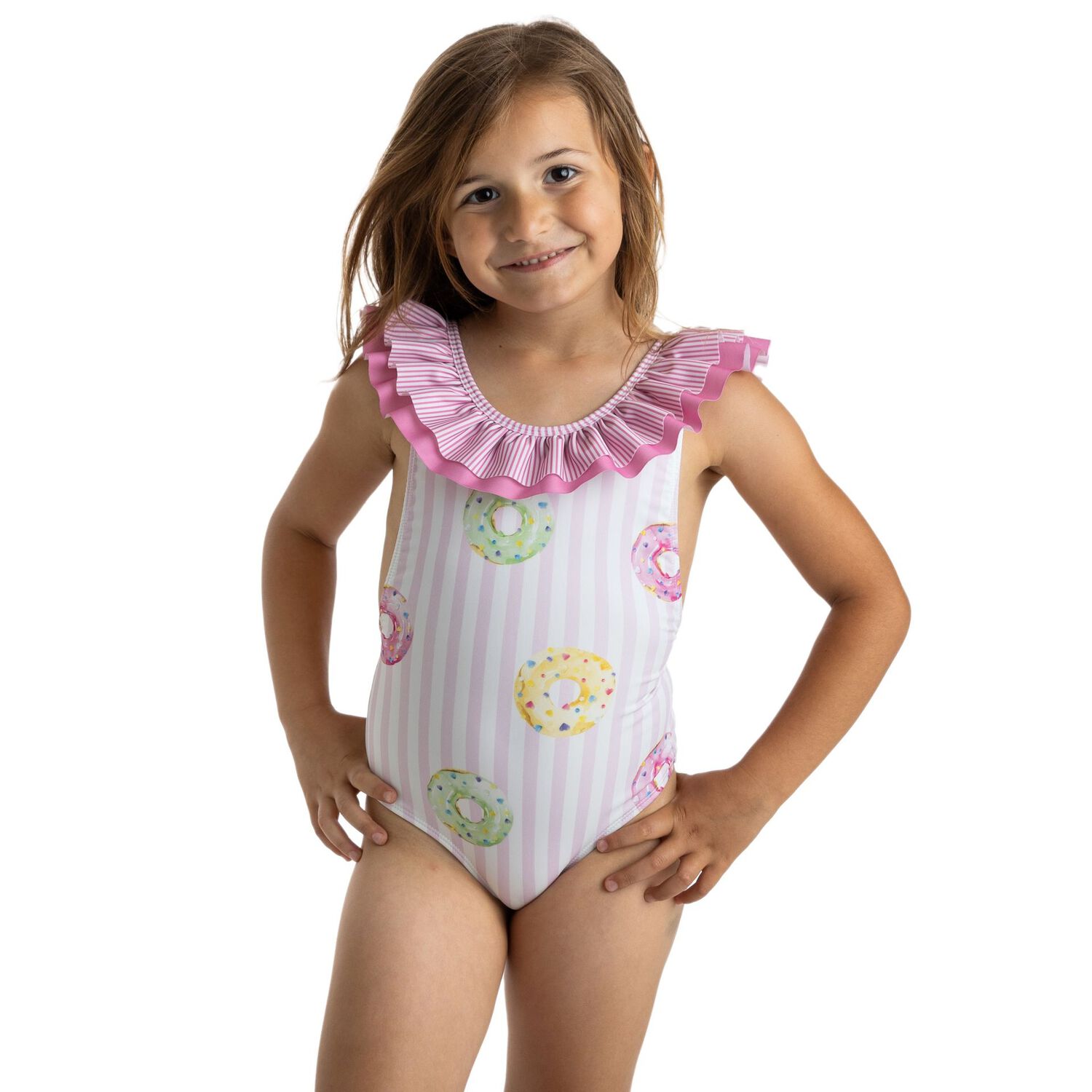 Girls White & Pink Striped Donuts Swimsuit, 1, hi-res image number null