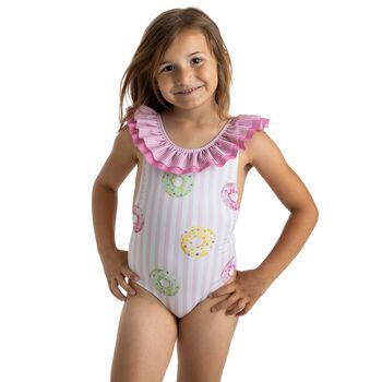 Girls White & Pink Striped Donuts Swimsuits